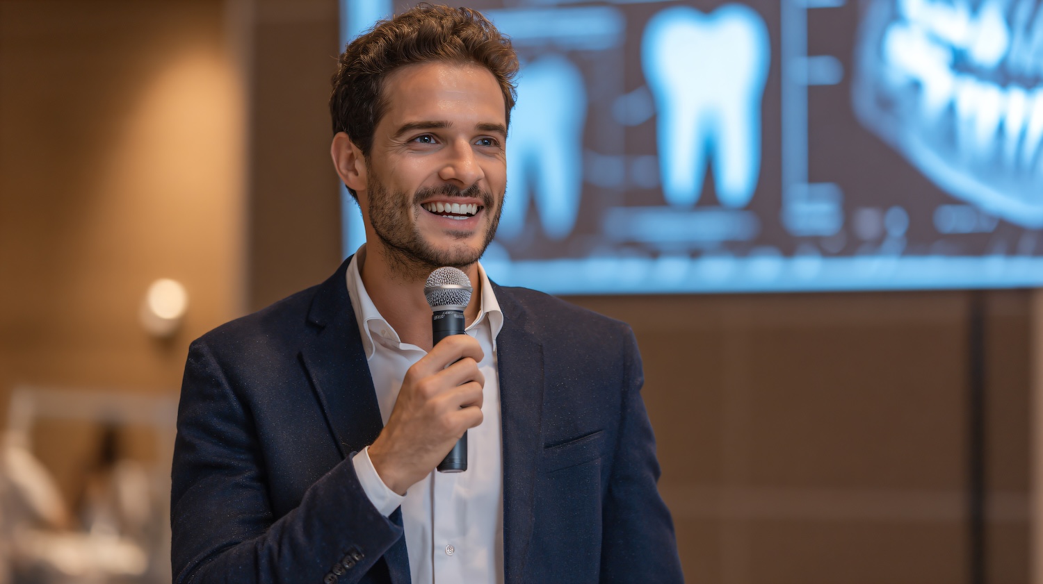 Presenter speaking at an in-person event shown in the Joovi mobile experience